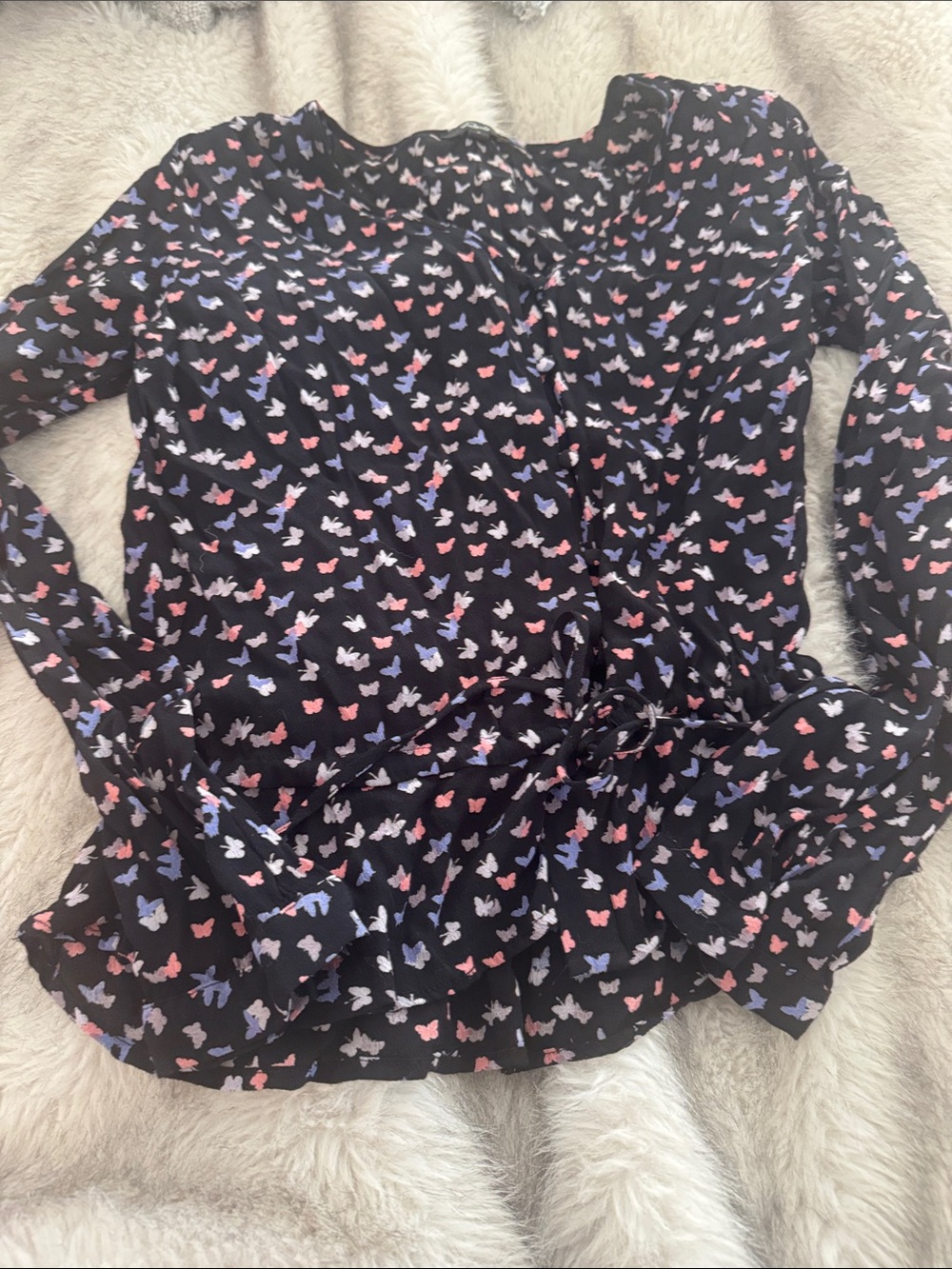 Rails Black Butterfly-Print Long Sleeve Tie-Front Peplum top